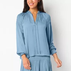 NWT SZ XXL Ryegrass *Icy blue* Satin Poet  Blouse Split Tie Neck Long Sleeve